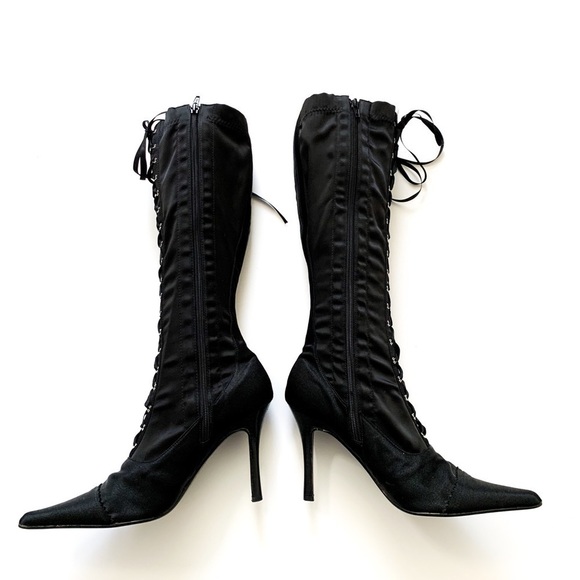 Black Satin Corset Lace-up Heeled Boots Sidezip 8 - Picture 6 of 15